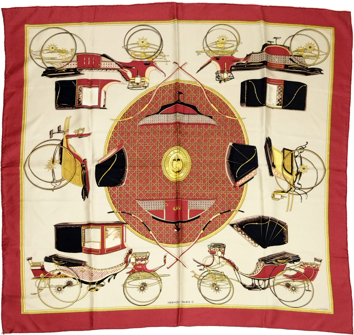 HERMÈS, SILK CARRE, LES VOITURES A TRANSFORMATION BY FRANCOISE DE LA PERRIERE, FIRST ISSUED 1965, 90cm SQUARE.