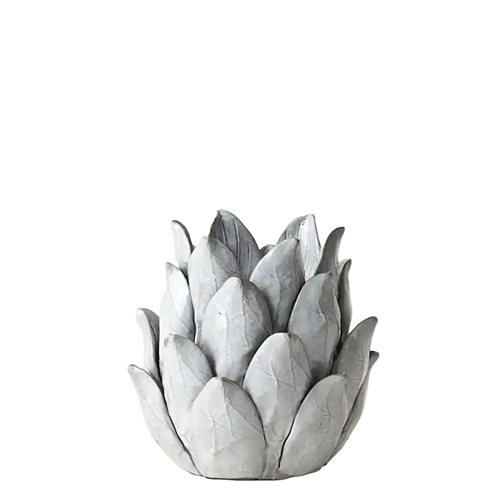 A PAIR OF WHITE GLAZED CERAMIC ARTICHOKE TEA CANDLE HOLDERS, HEIGHT 15cm.