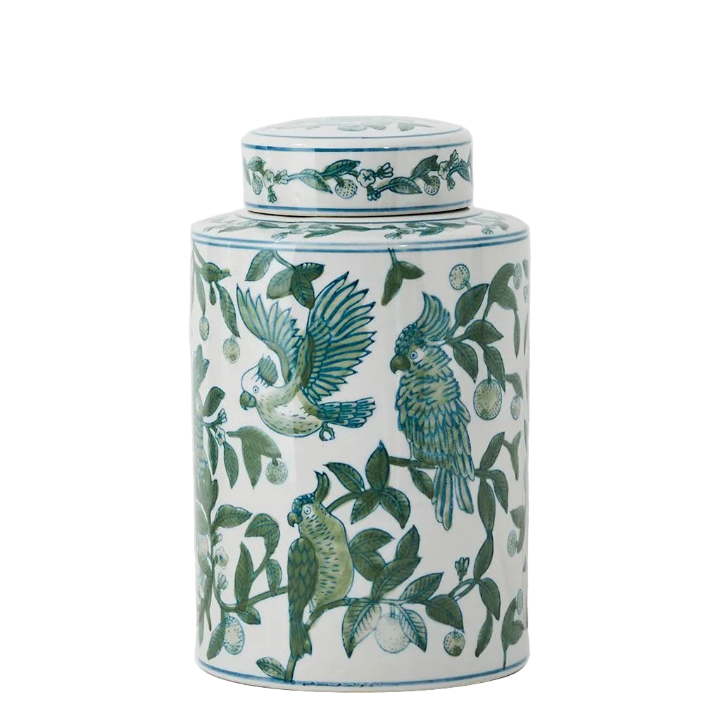 PARROT DESIGN CERAMIC GINGER JAR, DIAMETER 15cm, HEIGHT 25cm.