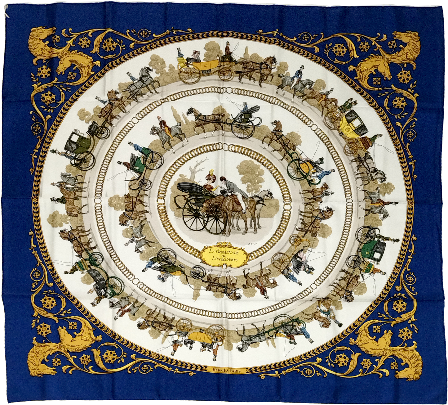 HERMÈS, SILK CARRE, PROMENADE DE LONGCHAMP BY PHILIPPE LE DOUX, FIRST ISSUED 1965, 90cm SQUARE.