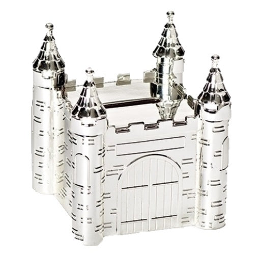 CASTLE MONEY BOX, ZINC ALLOY, 10cm SQUARE.