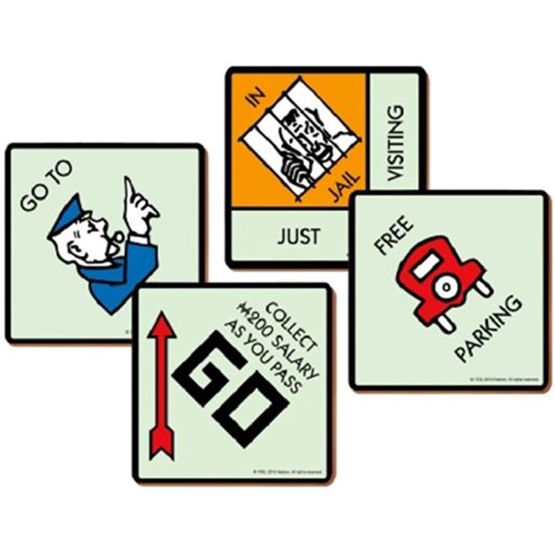 MONOPOLY, SET OF FOUR COASTERS WITH CORK BACKING,HASBRO DESIGN.
