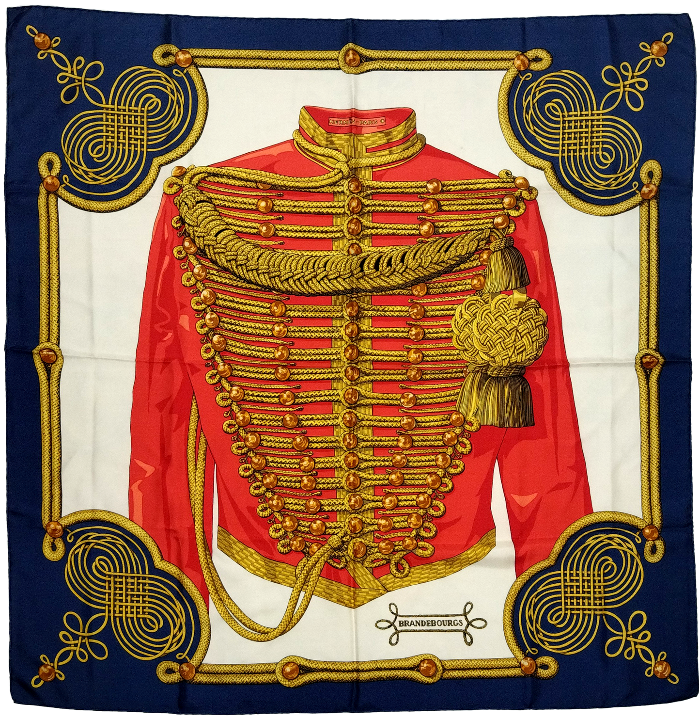 HERMÈS, SILK CARRE, RARE BRANDEBOURGS DESIGN BY CATY LATHAM, FIRST ISSUED 1972, 90cm SQUARE.