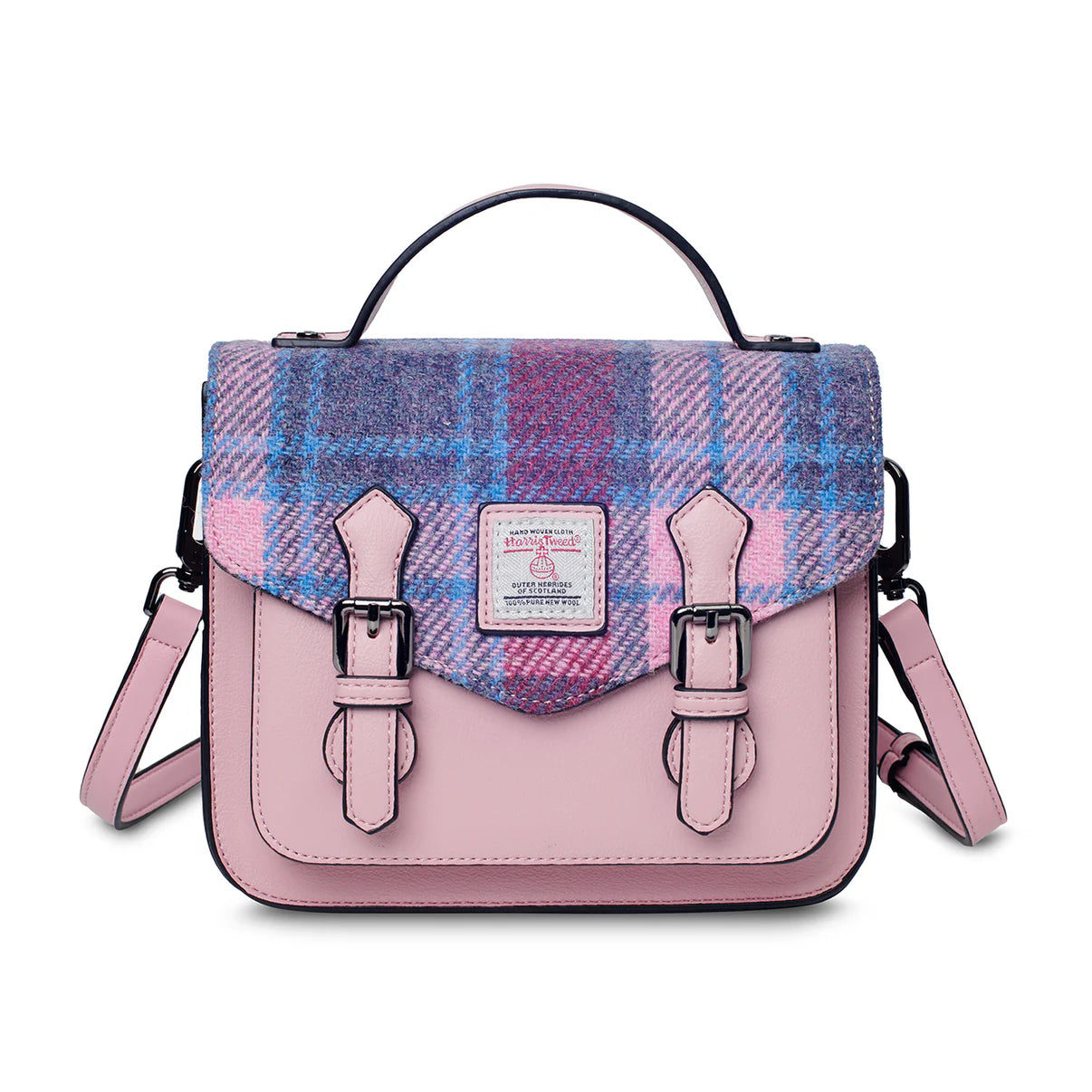 MINI CARLTON SATCHEL WITH SHOULDER STRAP, PINK AND BLUE HARRIS TWEED TARTAN. L:22cm W:10cm H:19cm