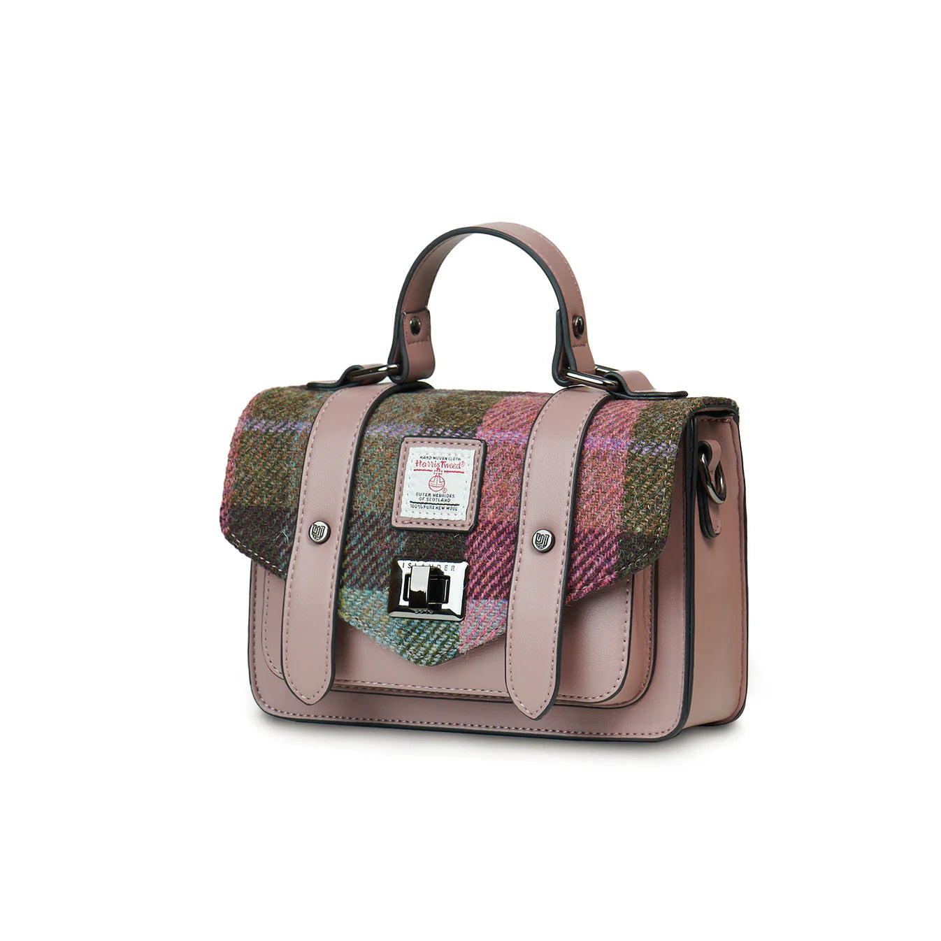 ISLANDER MEDIUM SATCHEL, PINK-GREEN TARTAN HARRIS TWEED TARTAN, WITH DETACHABLE SHOULDER STRAP,L:24cm H:16cm W:7cm.