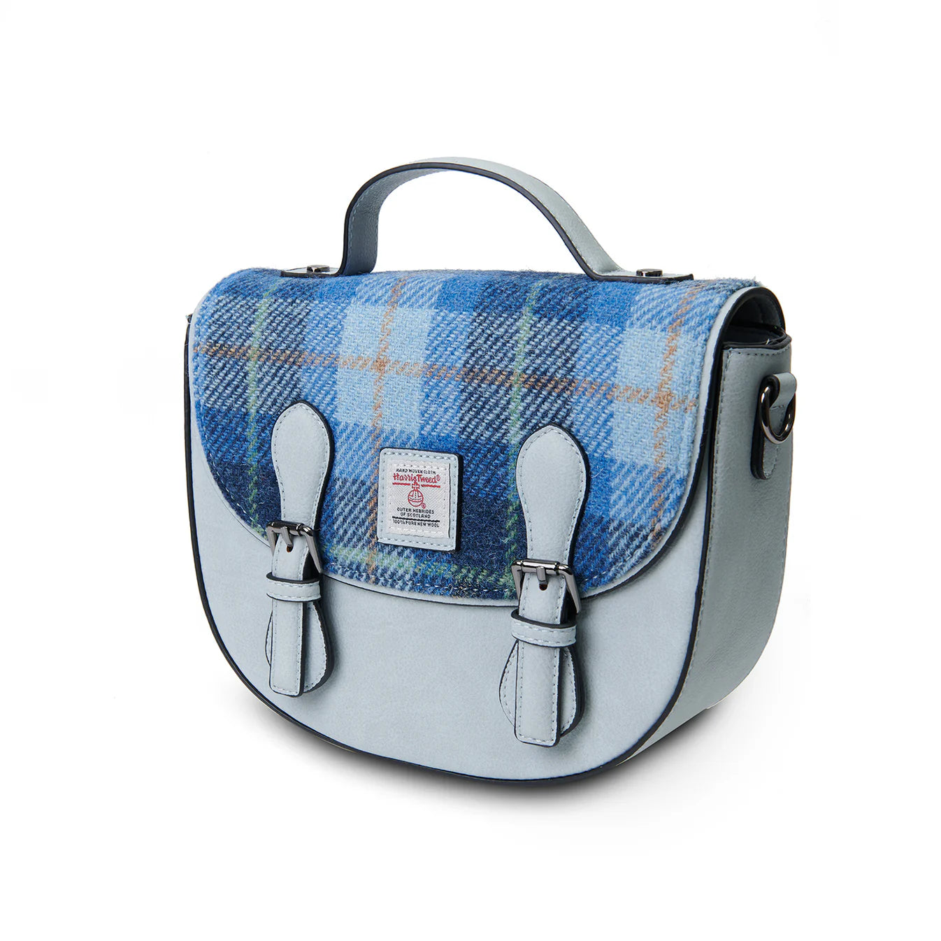 ISLANDER UK, MINI COBBLE SADDLE BAG, BLUE HARRIS TWEED TARTAN L:22cm W:8cm H:19cm.
