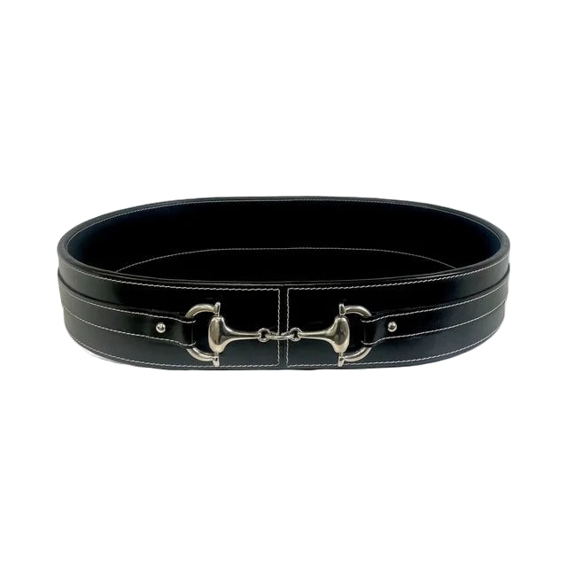 EQUESTRIAN DESIGN OVAL BLACK LEATHER TRAY, WITH STIRRUP MOTIF, 46x30.5cm.