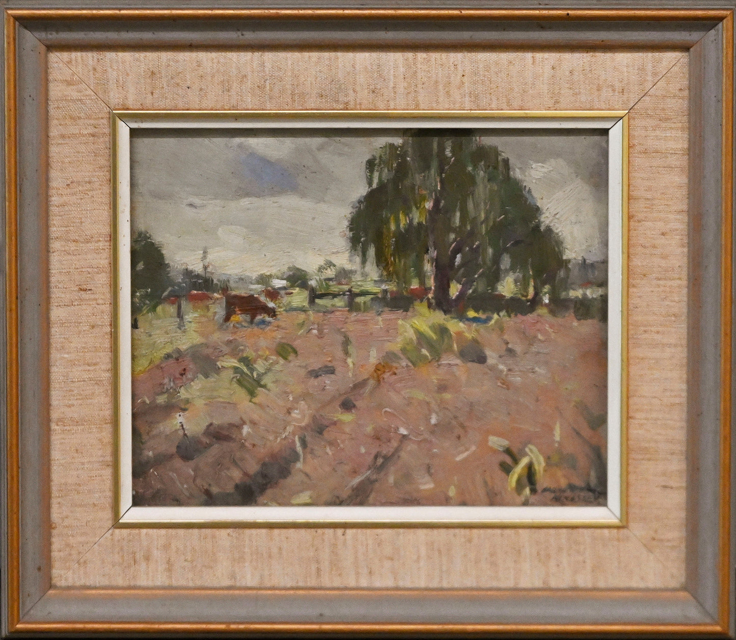 GARRETT KINGSLEY (1915-1982) EVENING, RICHMOND NEW SOUTH WALES, TONALIST OIL ON BOARD, SIGNED LOWER RIGHT, 19 X 24CM, FRAME SIZE: 32 X 37cm.