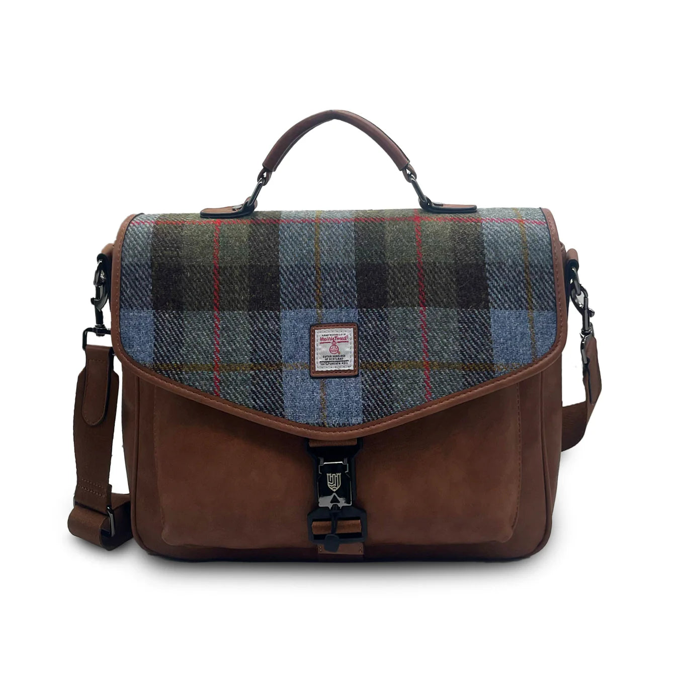 ISLANDER UK, LAPTOP BAG IN CHESTNUT BLUE HARRIS TWEED TARTAN, WITH DETACHABLE SHOULDER AND BACKPACK STRAP, L:17cm H:39cm W:27cm
