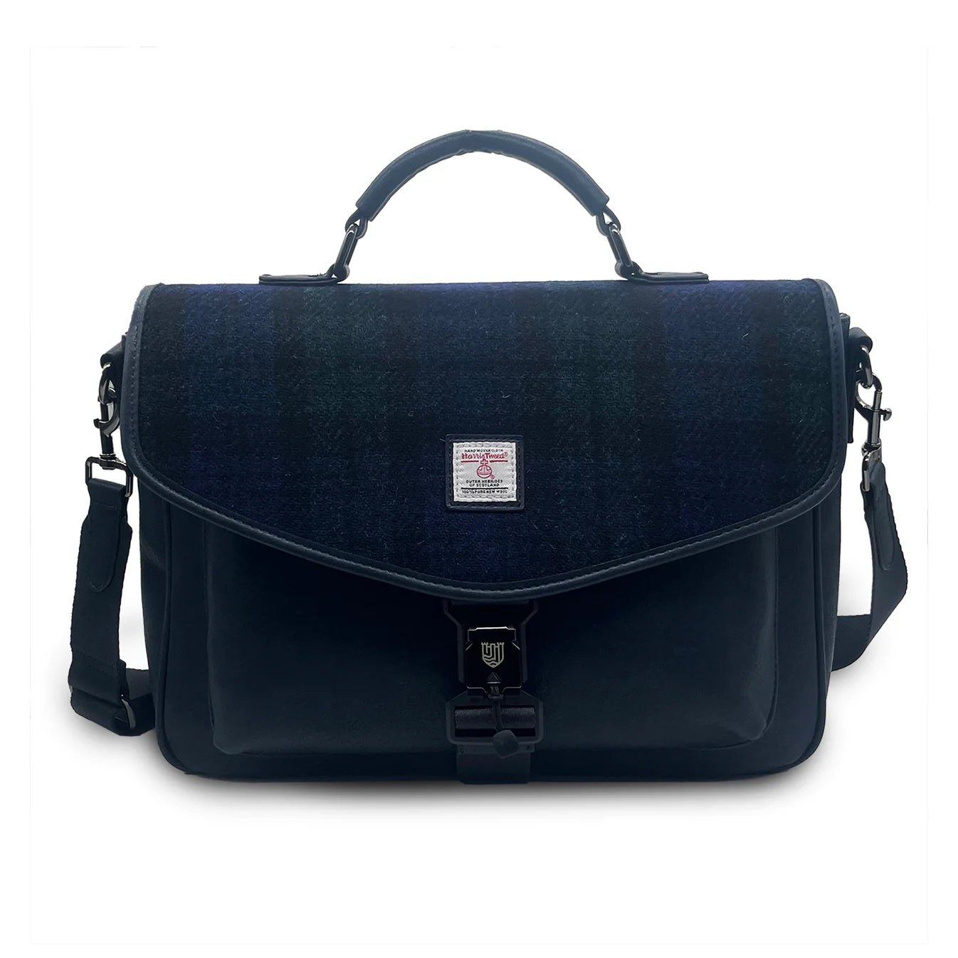 ISLANDER UK, LAPTOP BAG IN BLACK-WATCH HARRIS TWEED TARTAN, WITH DETACHABLE SHOULDER AND BACKPACK STRAP, L:17cm H:39cm W:27cm