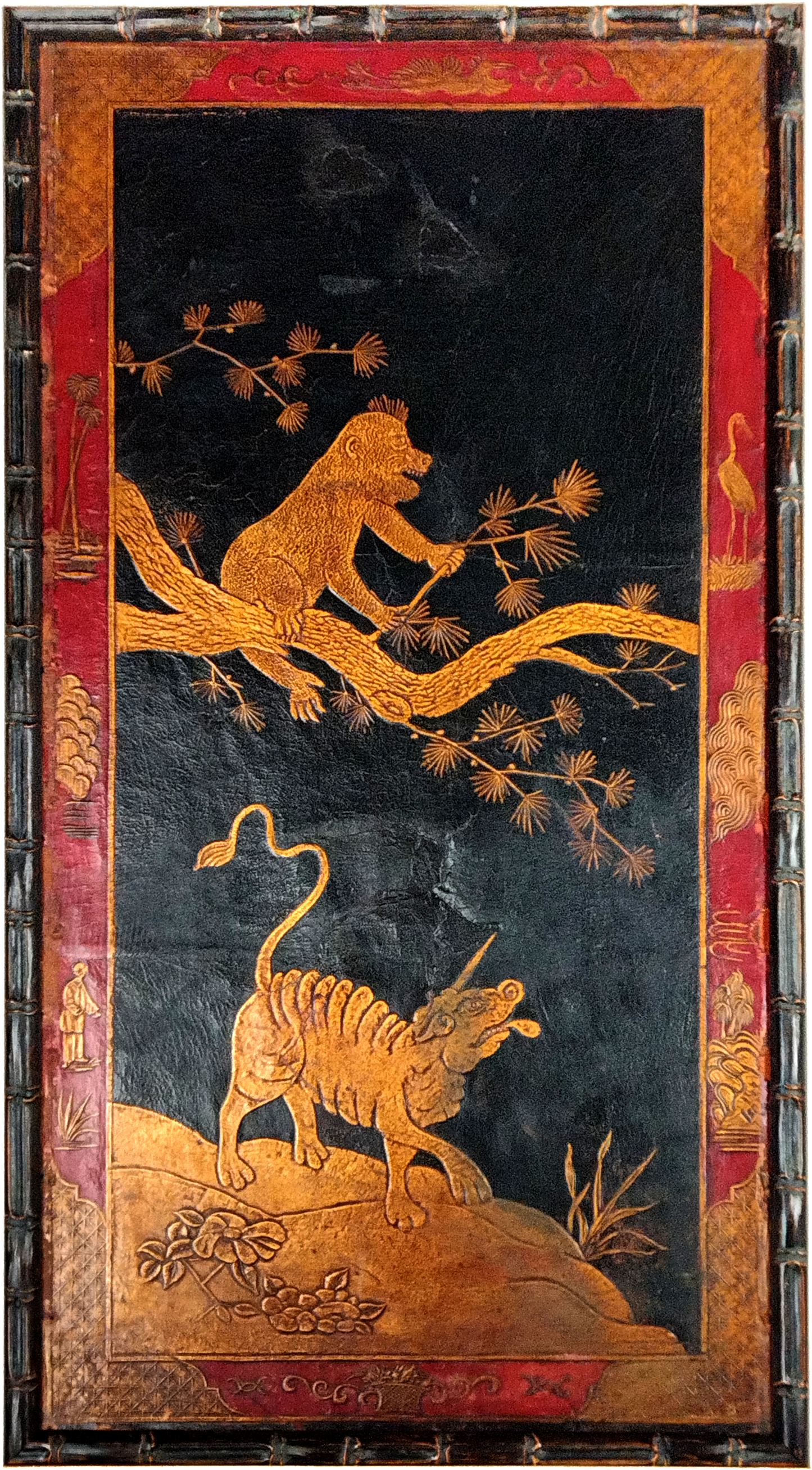 A SET OF FOUR ANTIQUE EMBOSSED LEATHER CHINESE PANELS, CUSTOM MADE BAMBOO STYLE FRAMES, 50 x 90cm.