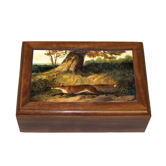 FOX ON THE RUN WOODEN TRINKET / JEWELLERY BOX, 16 x 11 x 5cm.