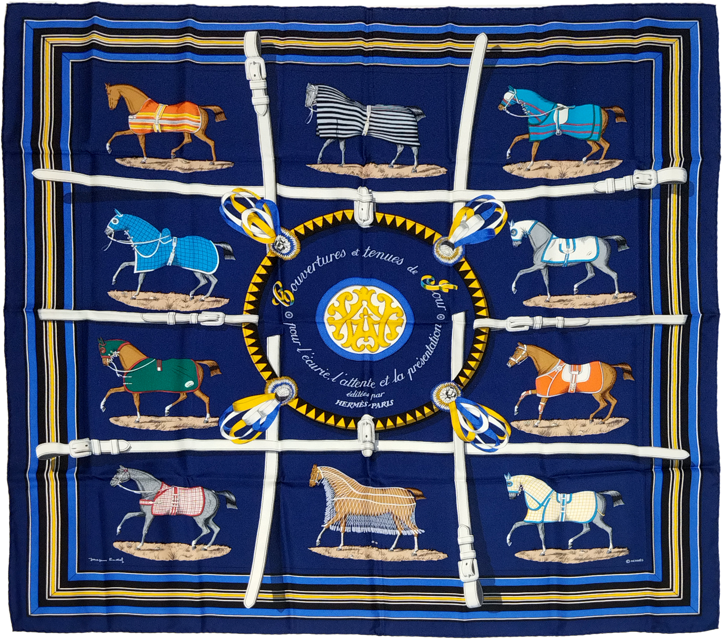 HERMÈS, SILK CARRE, COUVERTURES ET TENUES DE JOUR BY JACQUES EUDEL, FIRST ISSUED IN 1974, 90cm SQUARE.