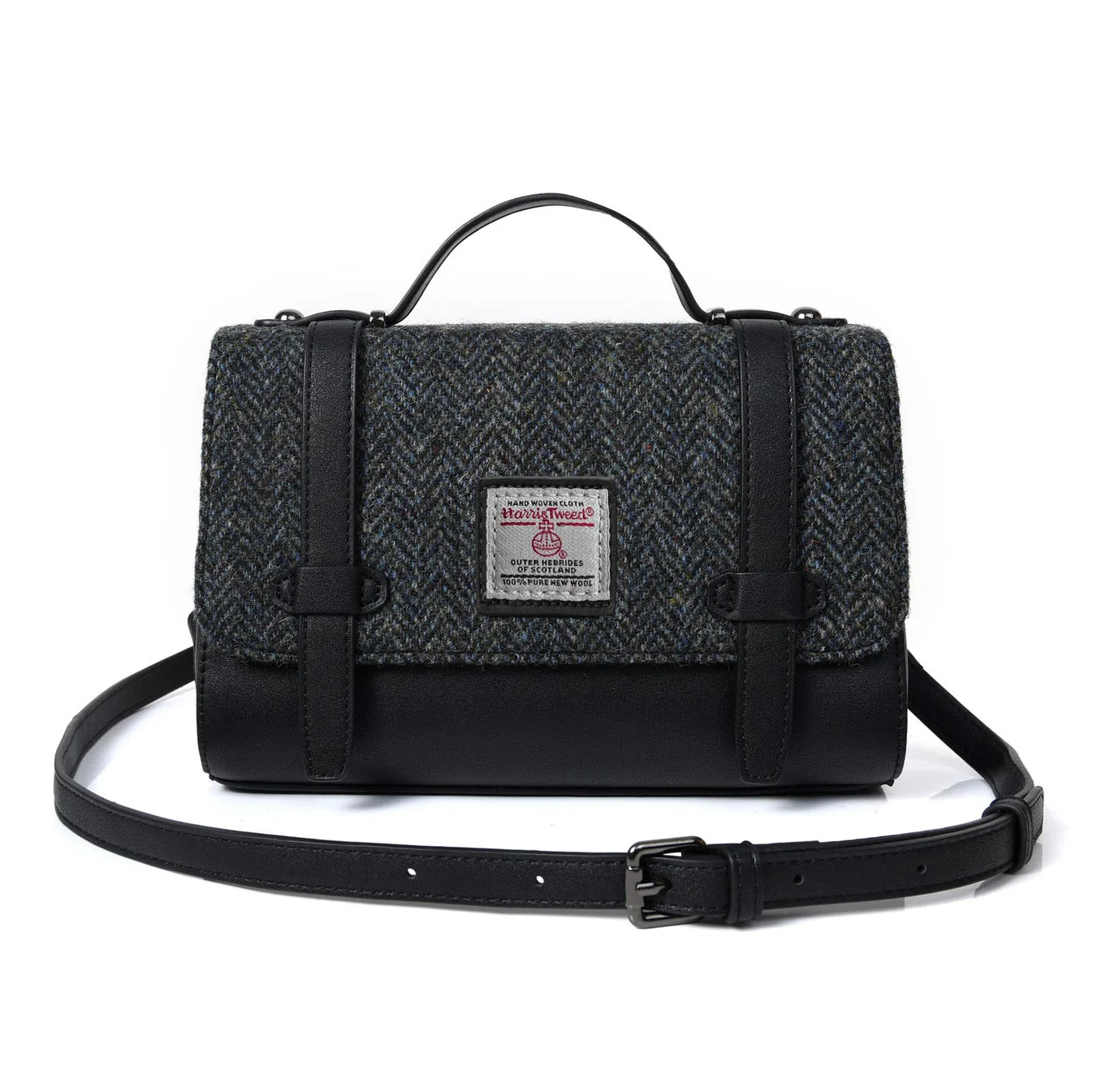ORKNEY HANDBAG WITH SHOULDER STRAP, BLACK AND GREY HERRINGBONE HARRIS TWEED TARTAN, L:25cm H:15cm W:10cm