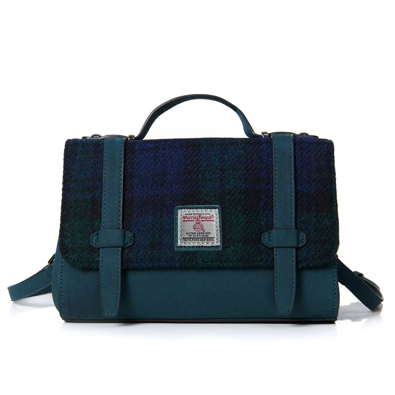 ORKNEY HANDBAG WITH SHOULDER STRAP, BLACK WATCH HERRINGBONE HARRIS TWEED TARTAN, L:25cm H:15cm W:10cm