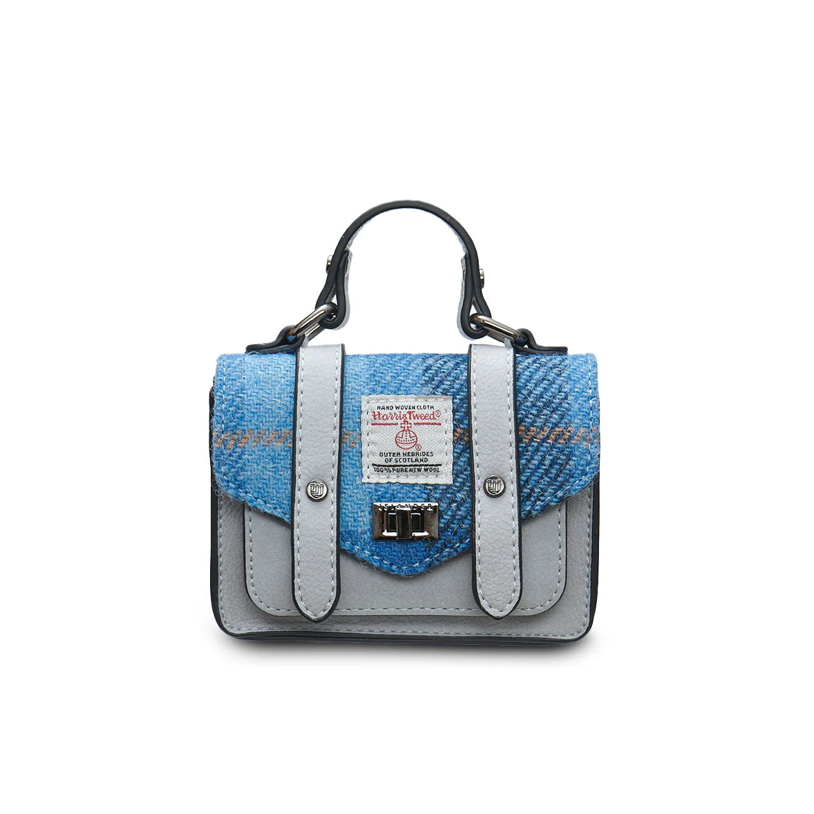 USLANDER UK, THE WEE SATCHEL WITH SHOULDER STRAP, BLUE HARRIS TWEED TARTAN L: 13cm H: 10cm W: 6cm.