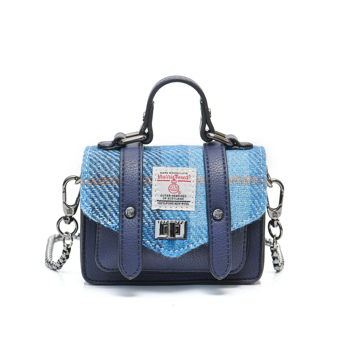 THE WEE SATCHEL WITH SHOULDER STRAP, BLUE HARRIS TWEED TARTAN L: 13cm H: 10cm W: 6cm.