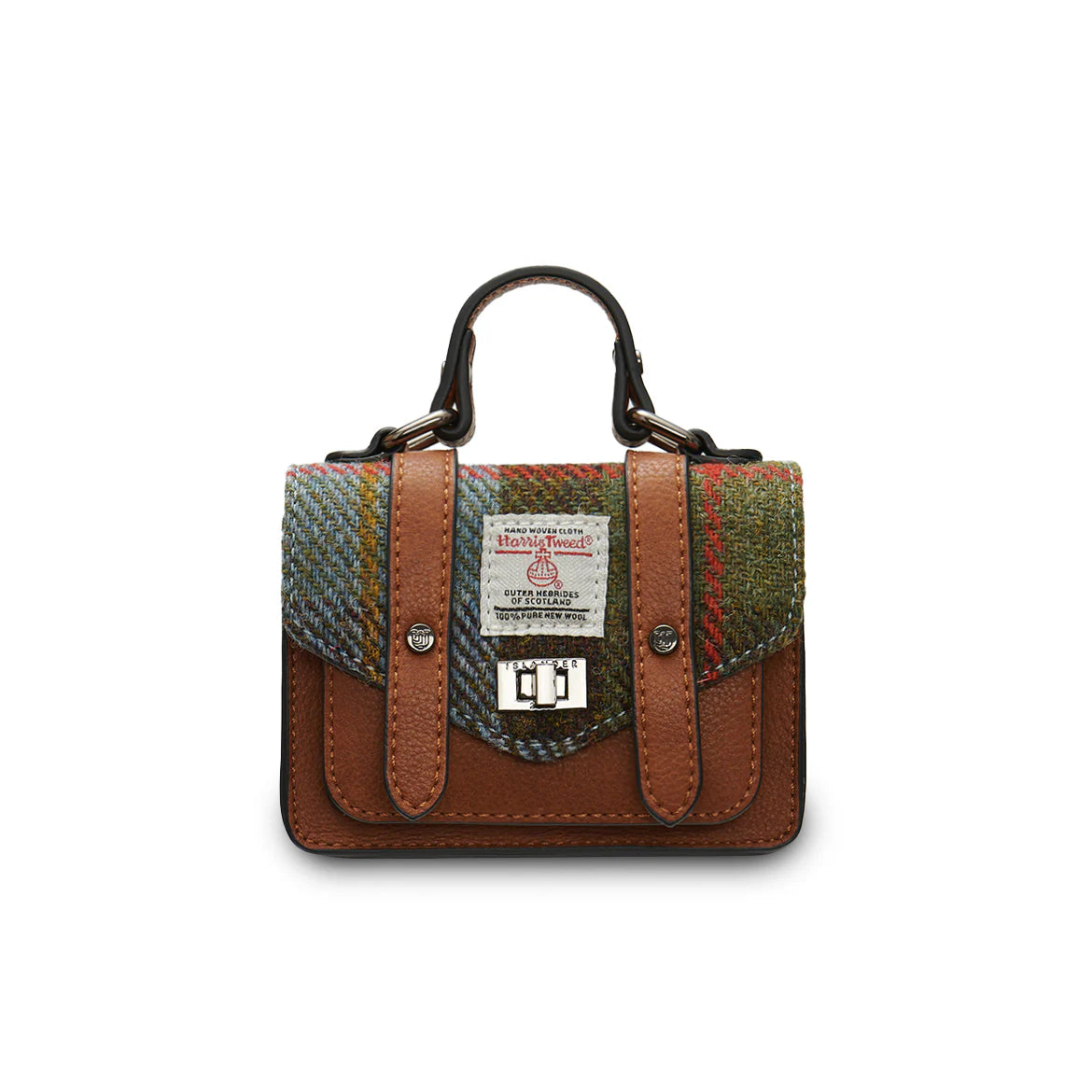 ISLANDER UK, THE WEE SATCHEL WITH SHOULDER STRAP, CHESTNUT BLUE HARRIS TWEED TARTAN L: 13cm H: 10cm W: 6cm.