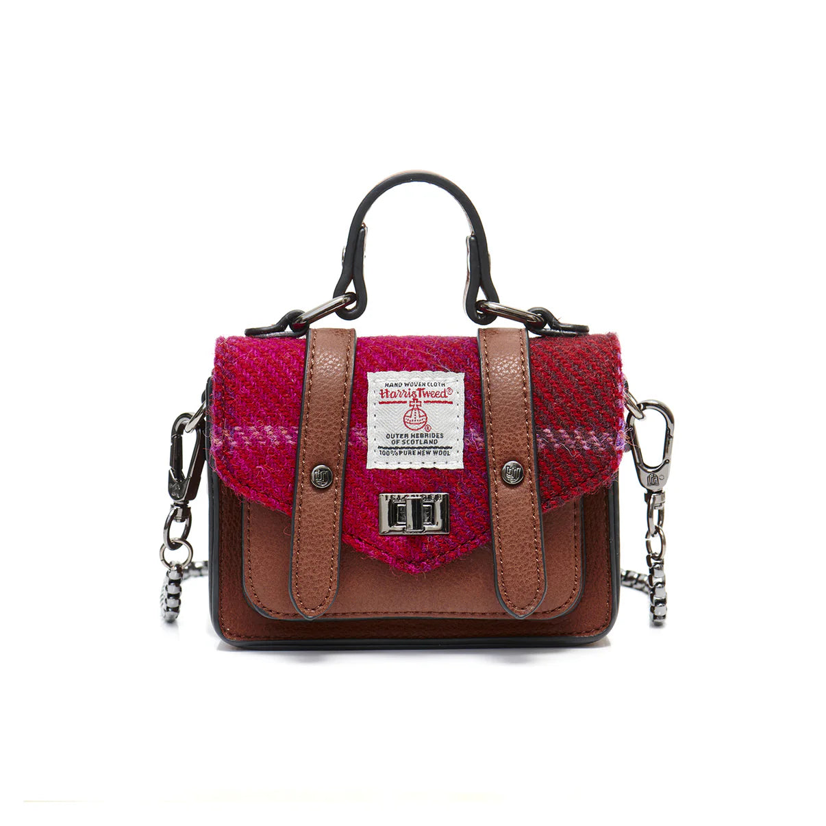 THE WEE SATCHEL WITH SHOULDER STRAP, FUCHSIA HARRIS TWEED TARTAN L: 13cm H: 10cm W: 6cm.