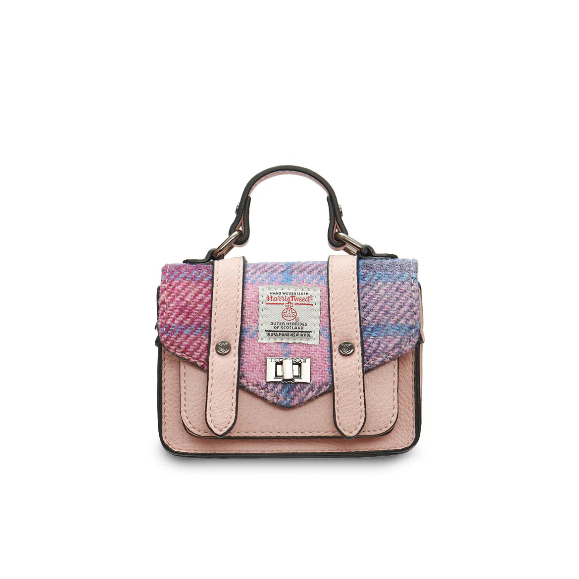 USLANDER UK, THE WEE SATCHEL WITH SHOULDER STRAP, PINK & BLUE HARRIS TWEED TARTAN L: 13cm H: 10cm W: 6cm.