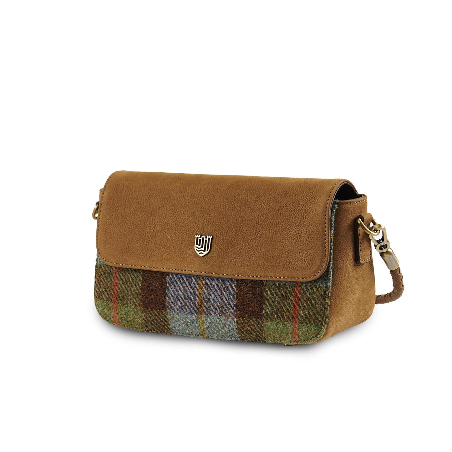 ISLANDER UK, CAITHNESS CLUTCH WITH SHOULDER STRAP, CHESTNUT BLUE HARRIS TWEED TARTAN L: 26cm H: 14cm W: 10cm.