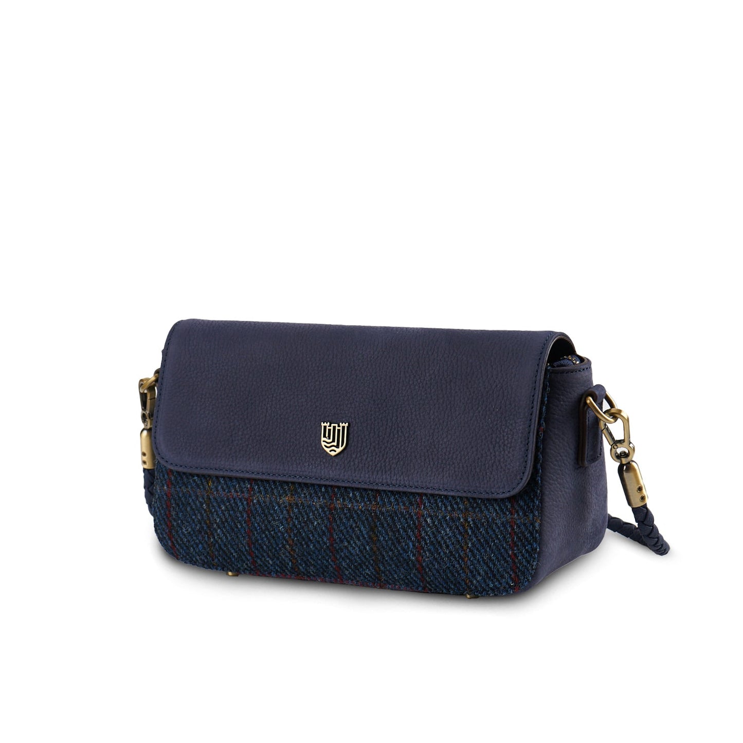 ISLANDER UK, CAITHNESS CLUTCH WITH SHOULDER STRAP, NAVY OVER-CHECK HARRIS TWEED TARTAN L: 26cm H: 14cm W: 10cm.