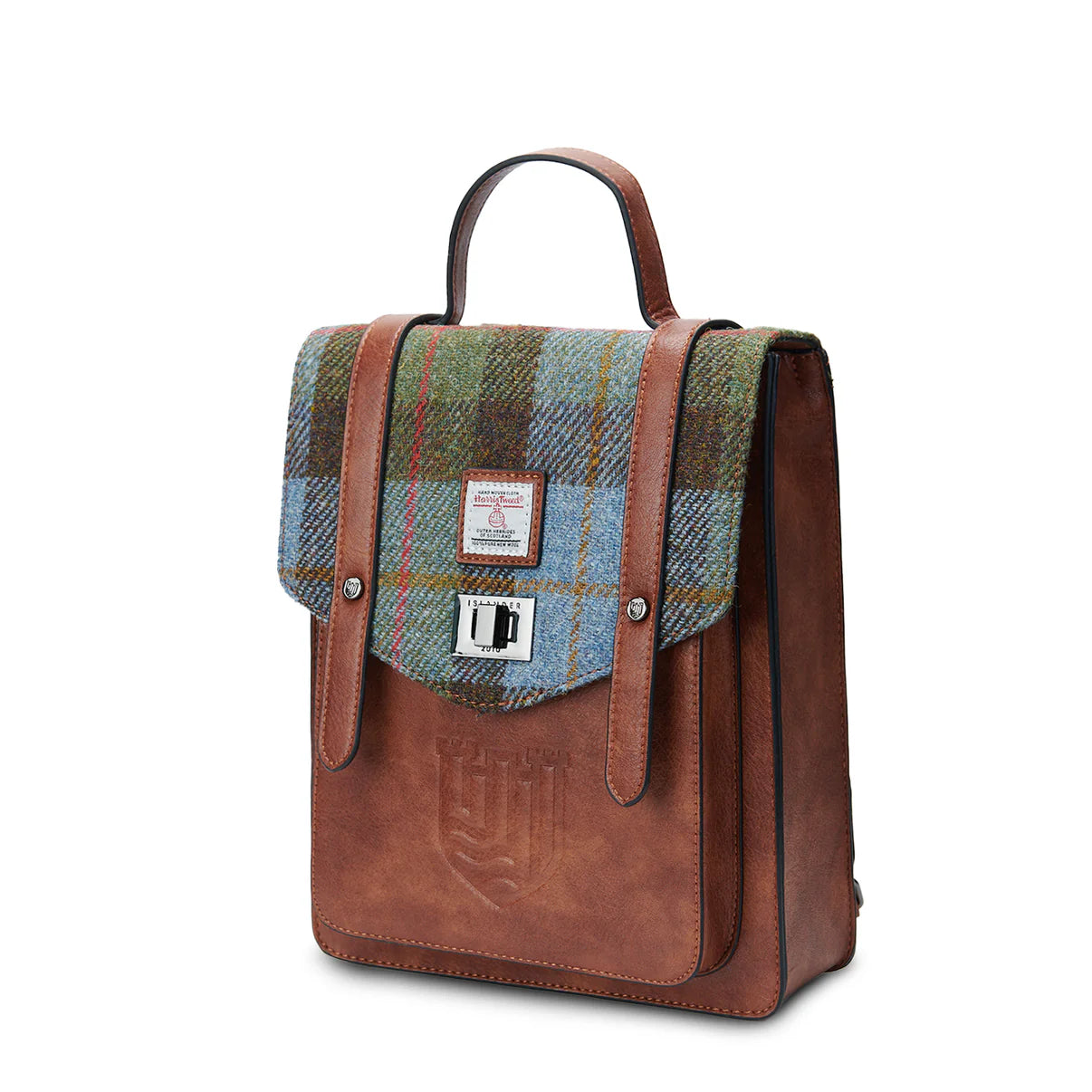 MINI CARLOWAY BACKPACK, CHESTNUT BLUE HARRIS TWEED TARTAN, L:20cm x W:9cm x H:25cm.