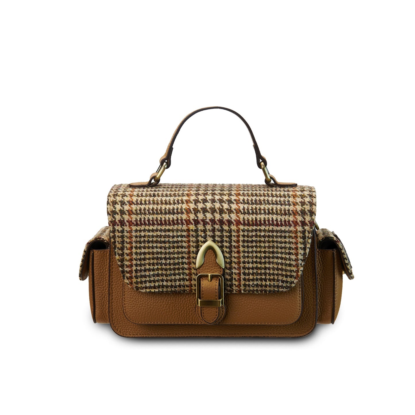 ISLANDER UK, THE MELROSE CROSSBODY BAG, BEIGE DOG-TOOTH HARRIS TWEED TARTAN WITH LEATHER, 26cm x 14.5cm x 13cm.