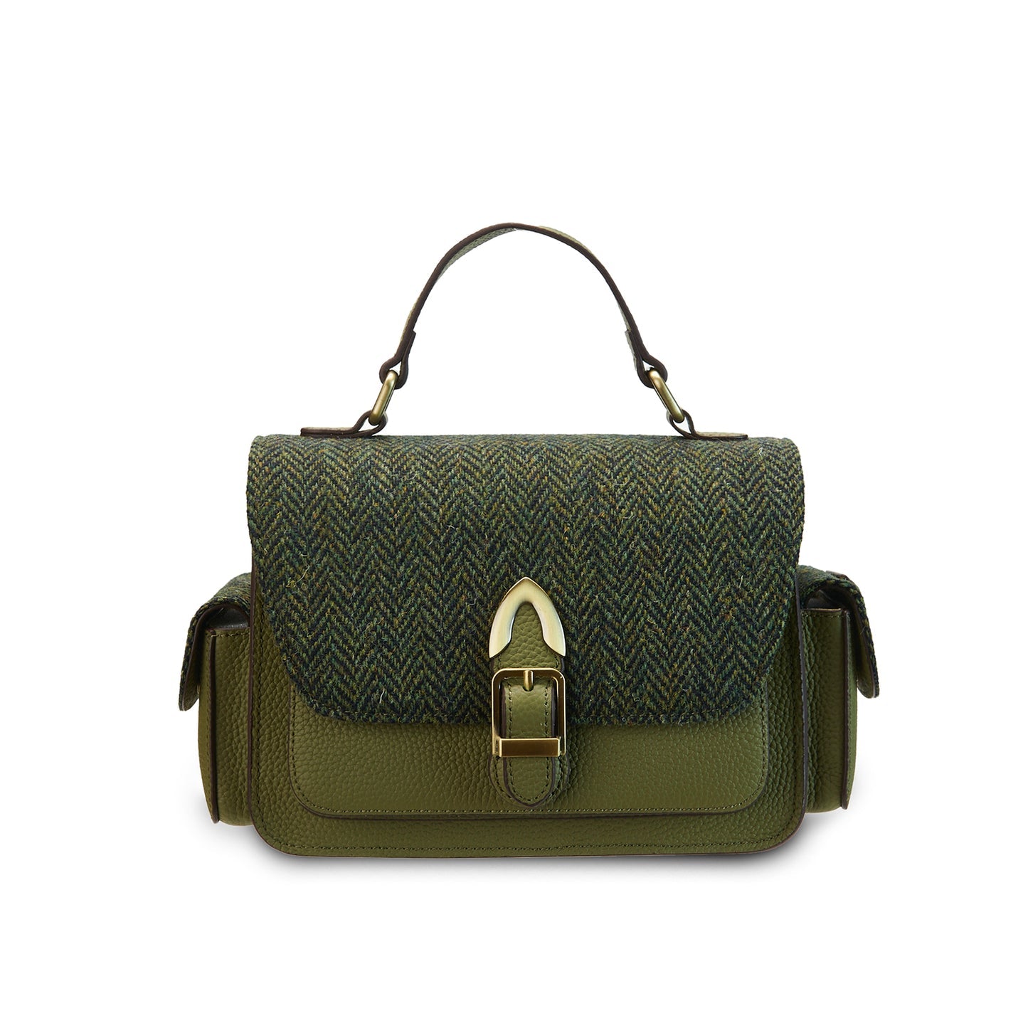 ISLANDER UK, THE MELROSE CROSSBODY BAG, DARK GREEN HERRINGBONE HARRIS TWEED TARTAN WITH LEATHER, 26cm x 14.5cm x 13cm.
