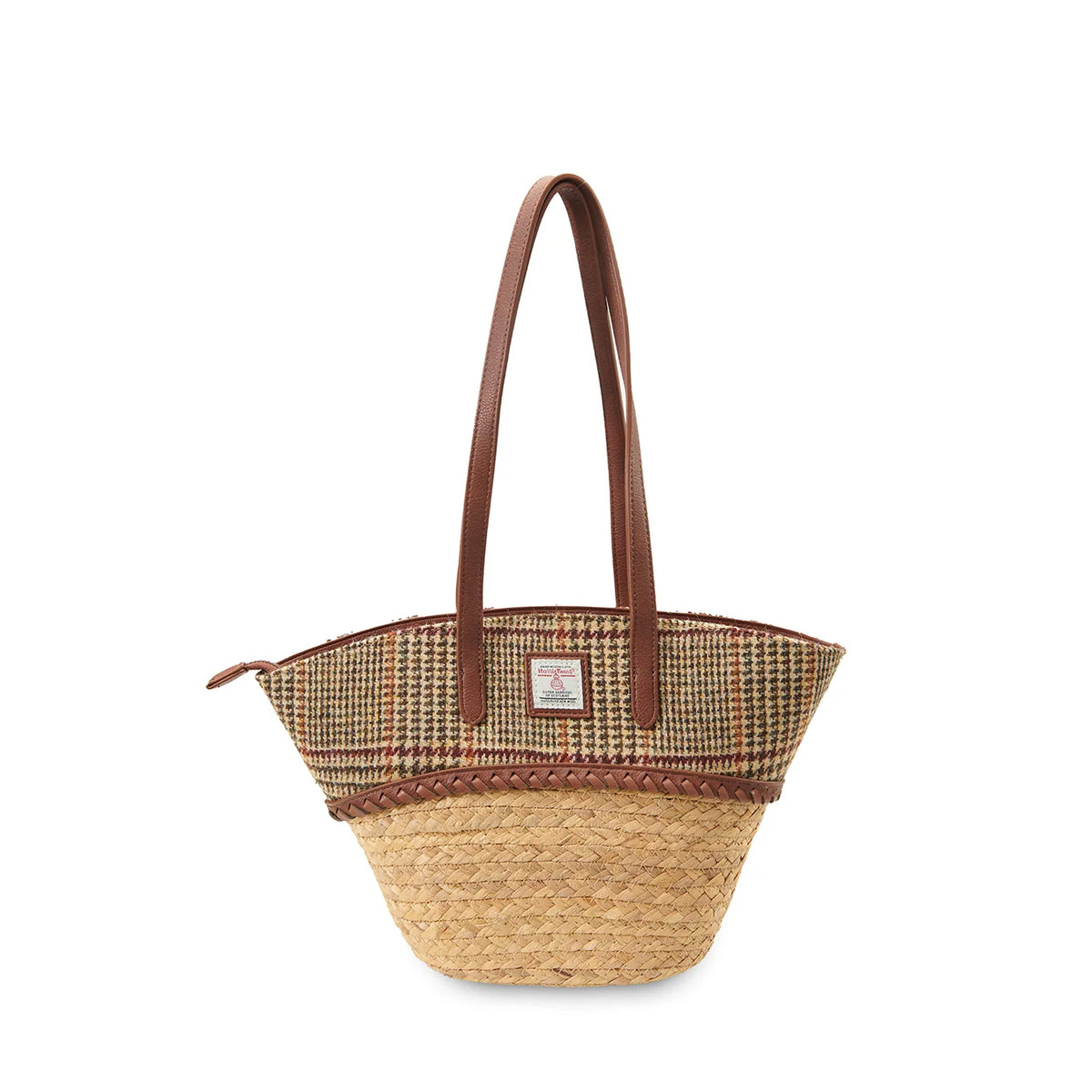 ISLANDER UK, THE STRAW BASKET BAG IN BEIGE DOG-TOOTH HARRIS TWEED, 36 x 24 x 10cm.