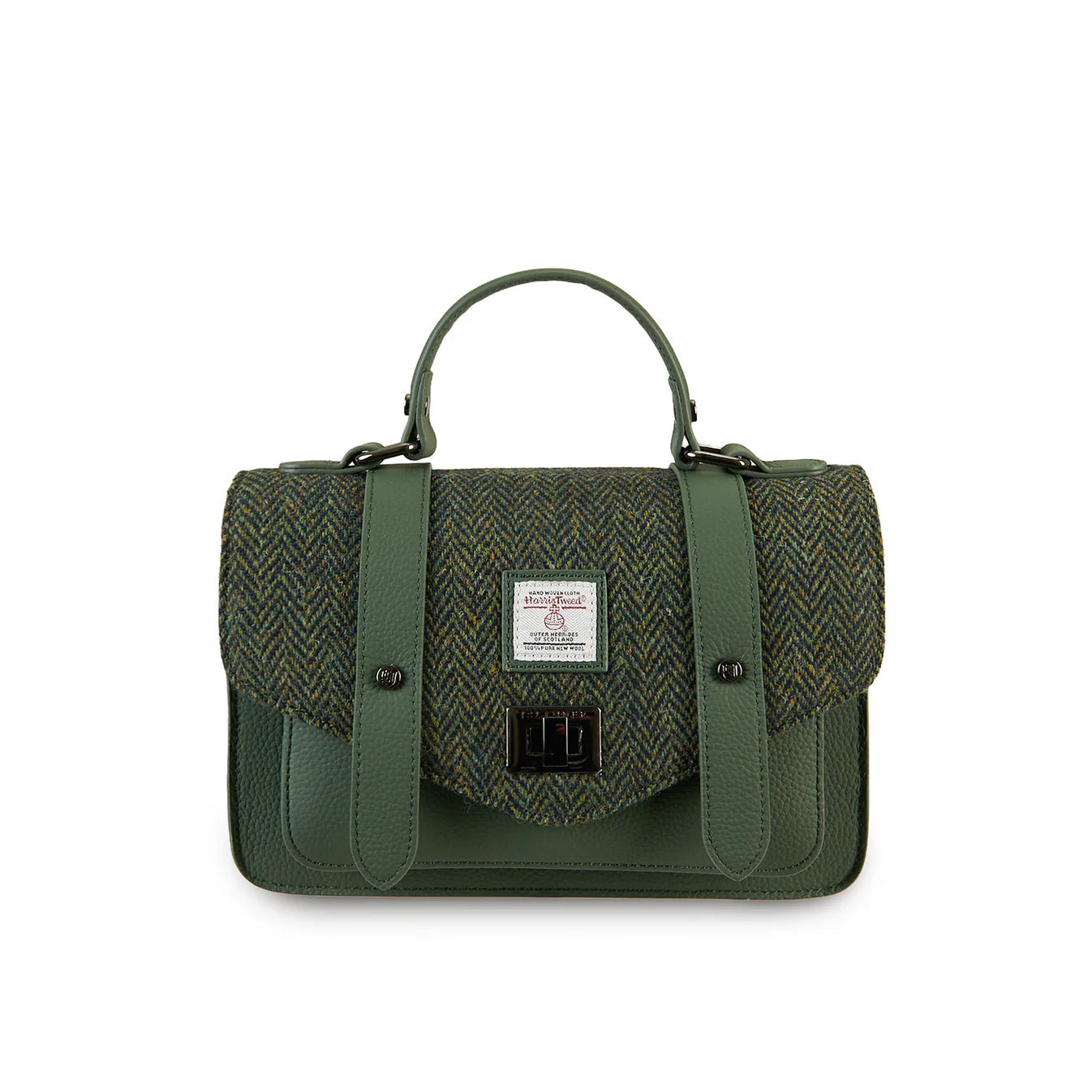 ISLANDER UK, THE LEATHER MEDIUM SATCHEL, DARK GREEN HERRINGBONE HARRIS TWEED, 24cm x 7cm x 16cm.