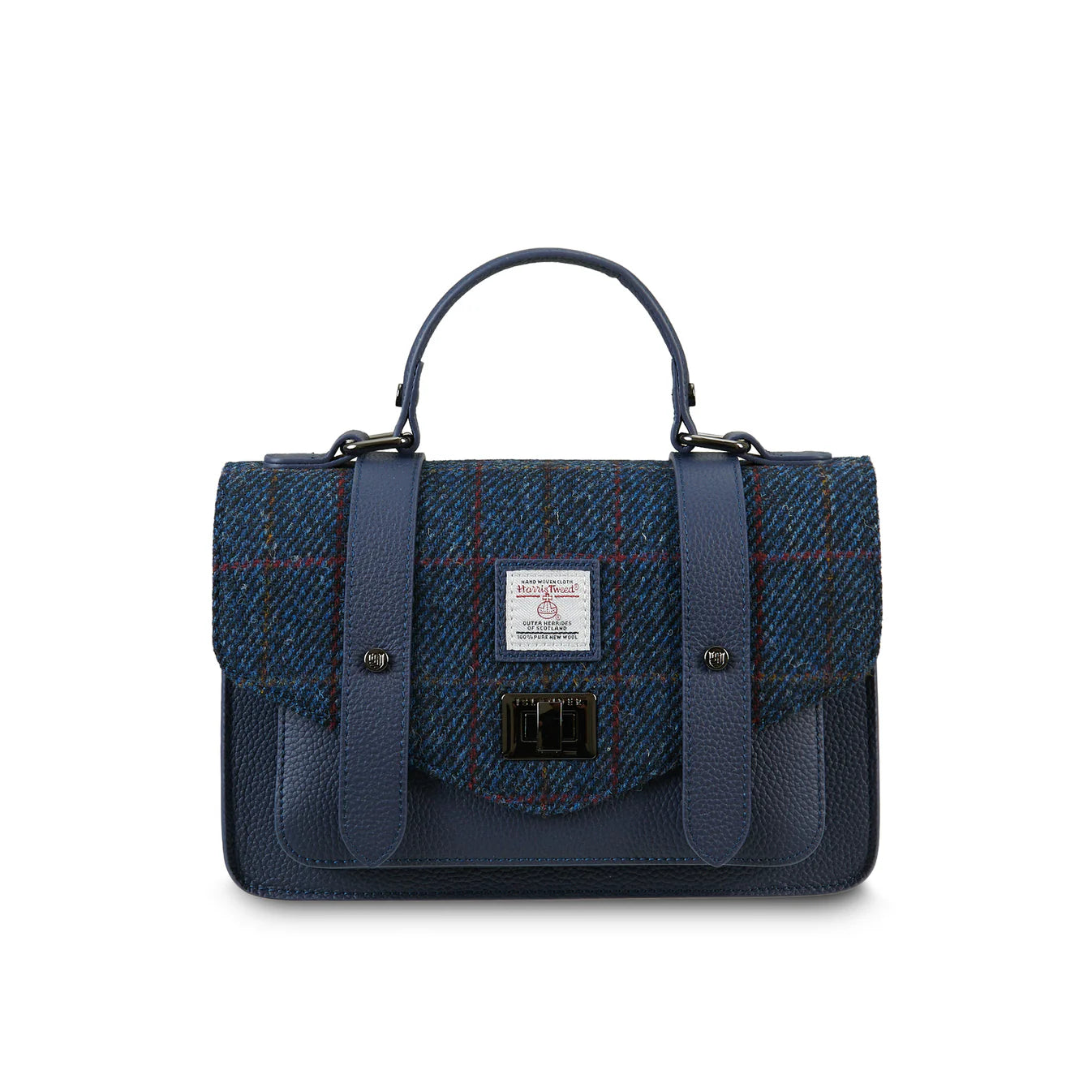 ISLANDER UK, THE LEATHER MEDIUM SATCHEL, NAVY OVERCHECK HARRIS TWEED, 24cm x 7cm x 16cm.