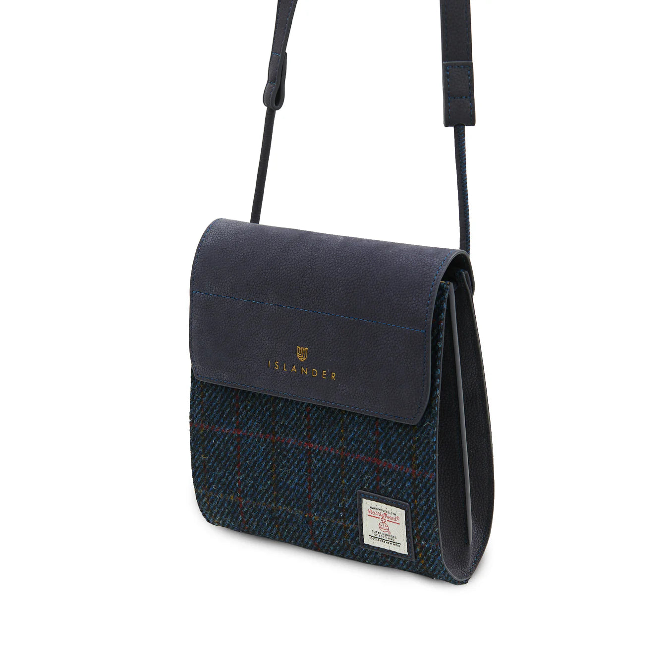 ISLANDER UK, THE EILIDH, NAVY OVERCHECK HARRIS TWEED, 18cm x 8cm x 20cm.