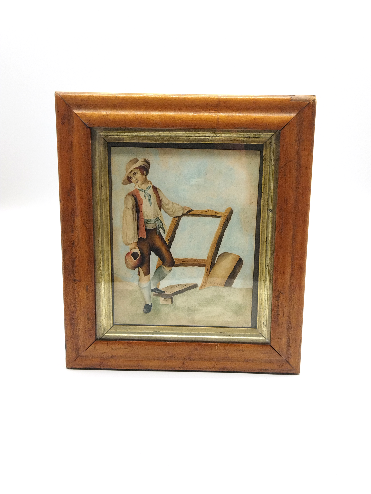A FRAMED GEORGIAN WATERCOLOUR OF A BOY WITH A PITCHER, SIGNED H. W. DUNBARR, IMAGE 16 x 20cm, FRAME 28 X 32CM.