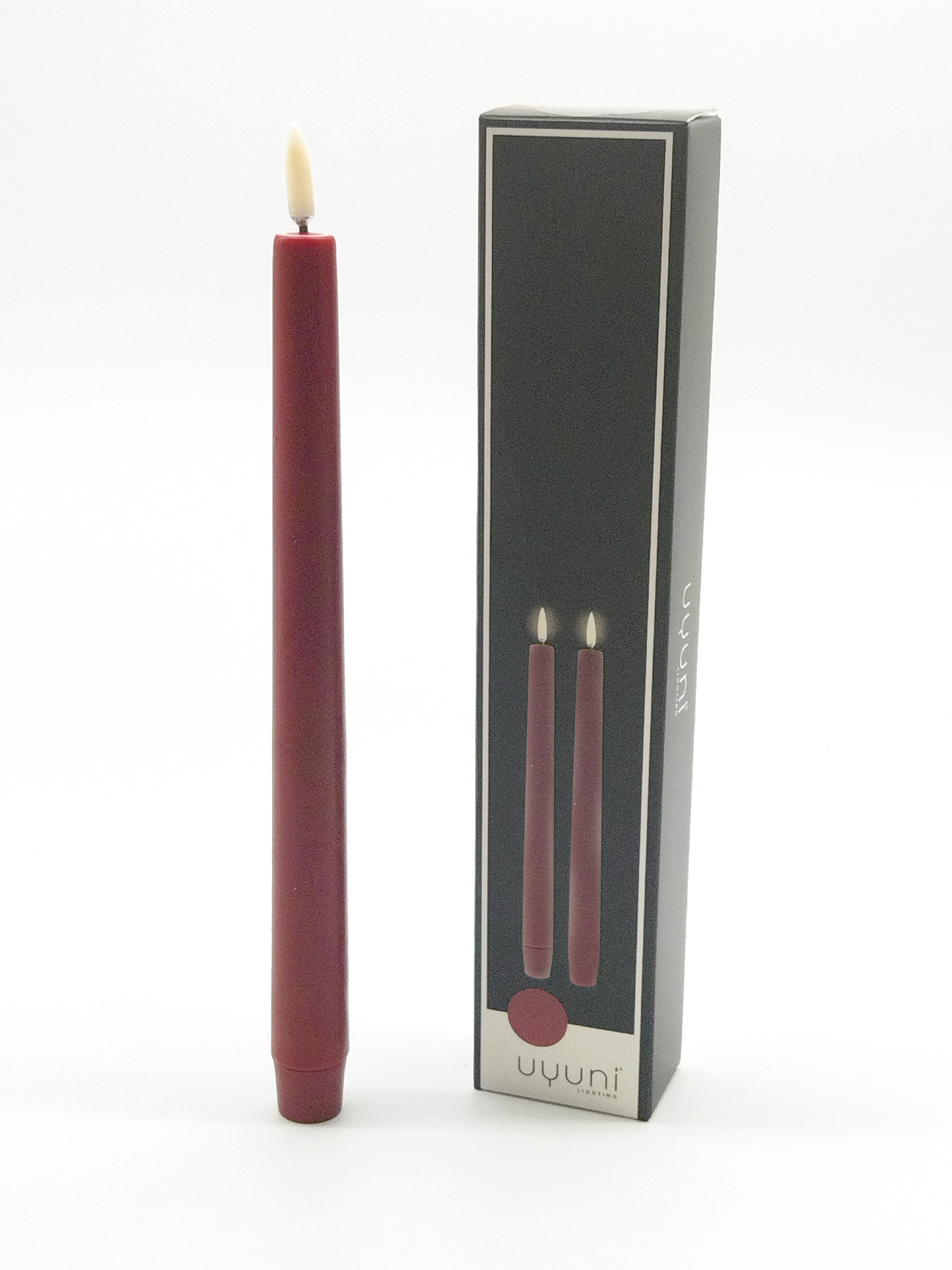 UYUNI REAL WAX FLAMELESS TAPER CANDLE, PAIR IN CARMINE RED, 2.3 x 25.5cm. Batteries included.