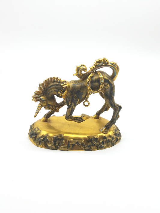 A RARE WEDGWOOD UNICORN FIGURE WITH GOLDEN GLAZED CERAMIC FINISH, CIRCA 1950, 23 x 19cm.