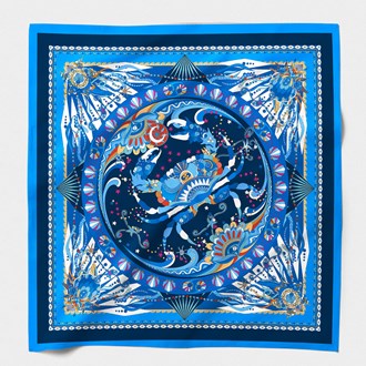 MAISON FANLI, COTTON & SILK SCARF, 'ASTRO PIECES BLUE', 140cm SQUARE.