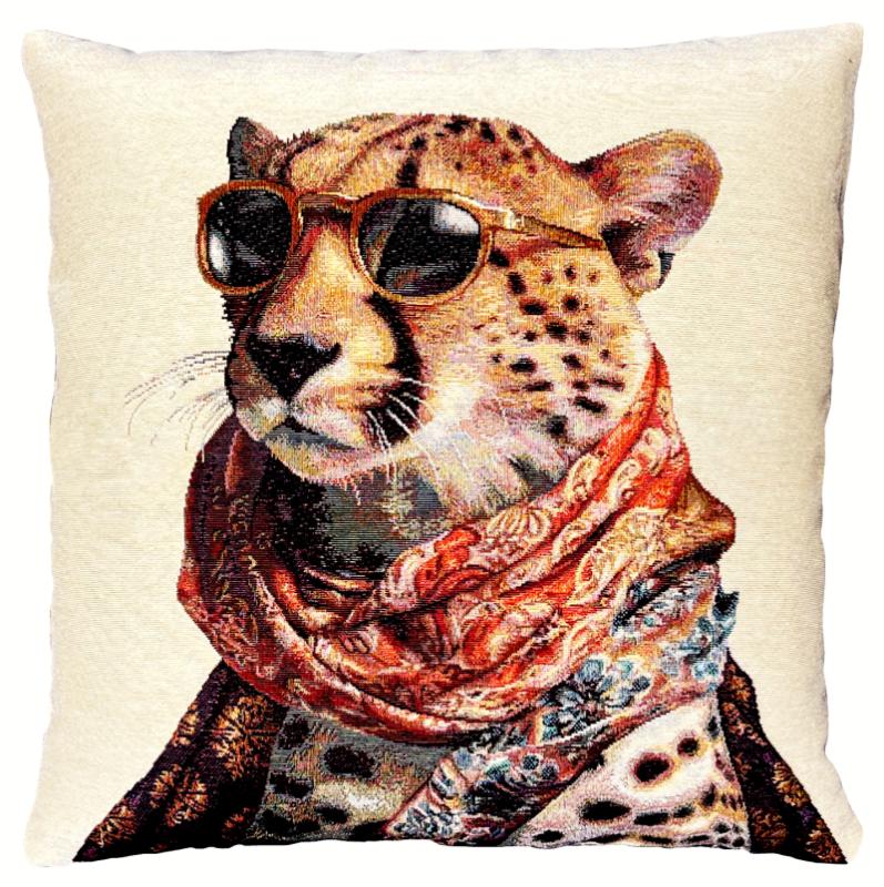 ADORABELLA, CHARLIE CHEETAH JACQUARD CUSHION, 47cm SQUARE, MADE IN AUSTRALIA.