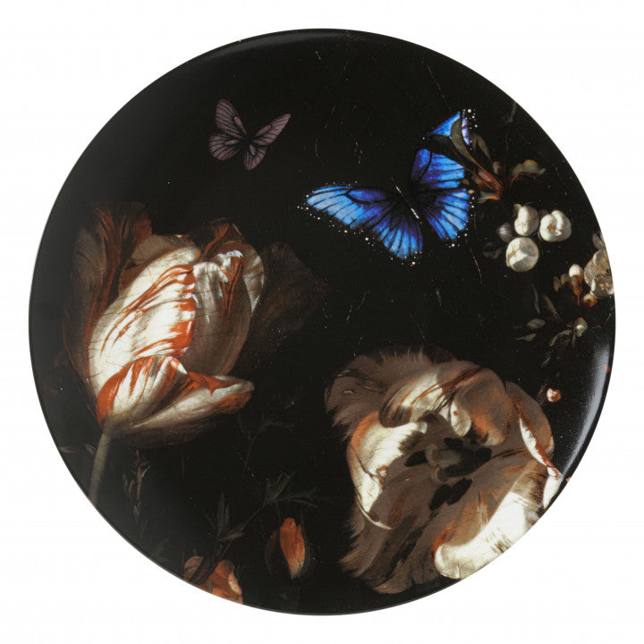 HEINEN DELFTS BLAUW WALL PLATE, BLUE BUTTERFLY WITH FLOWERS, BOOMBLAUWTJE 31.5cm.