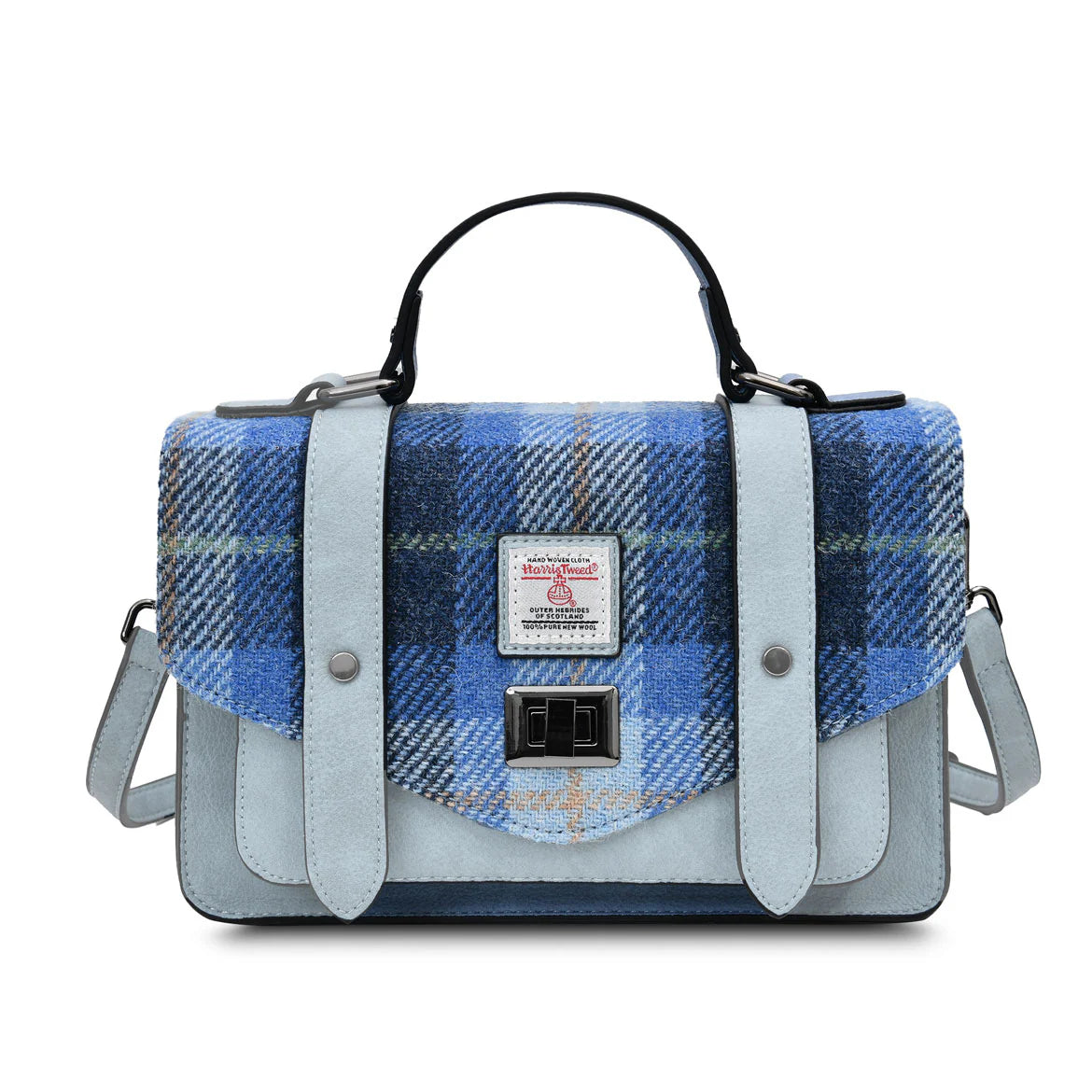 ISLANDER UK, MEDIUM SATCHEL, BLUE HARRIS TWEED TARTAN, L:24cm H:16cm W:7cm