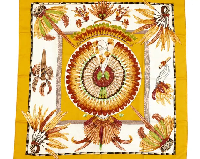 HERMÈS, SILK CARRE, BRAZIL, DESIGN BY LAURENCE BOURTHOUMIEUX, 90cm SQUARE. ORIGINALLY ISSUED 1977.