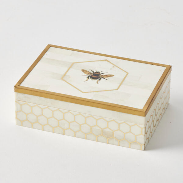 BEE JEWELLERY BOX, BONE WITH GOLD DETAIL, 16 x 11 x 50cm.