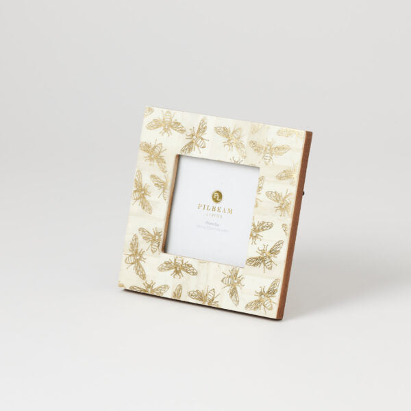 BEE MOTIF WOOD AND COMPOSITE PICTURE FRAME, 17cm SQUARE, PICTURE SIZE 10cm SQUARE.