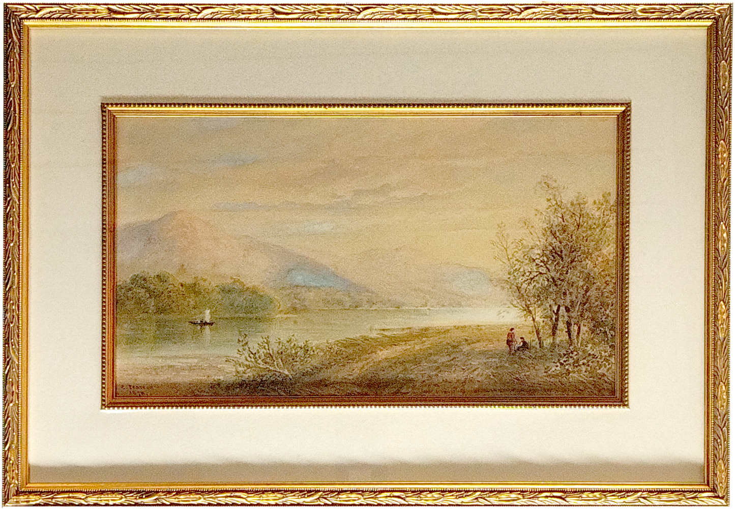 CORNELIUS PEARSON, LAKE SCENE, WATERCOLOUR, SIGNED AND DATED 1878 LOWER LEFT, IMAGE 40 x 24cm, CUSTOM MADE GOLD FRAME 54 x 38cm.