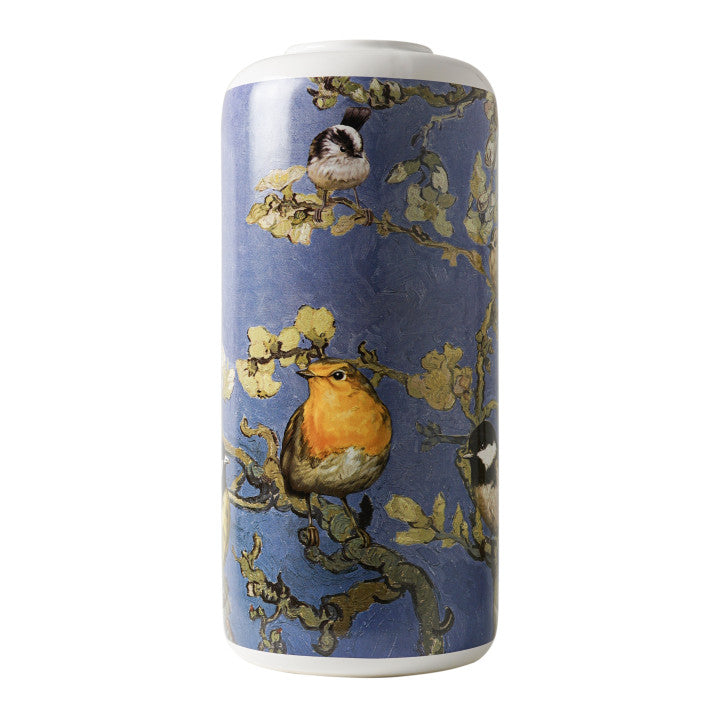 HEINEN DELFTS BLAUW CYLINDER VASE, BIRDS BY VAN GOGH, HEIGHT 30cm.