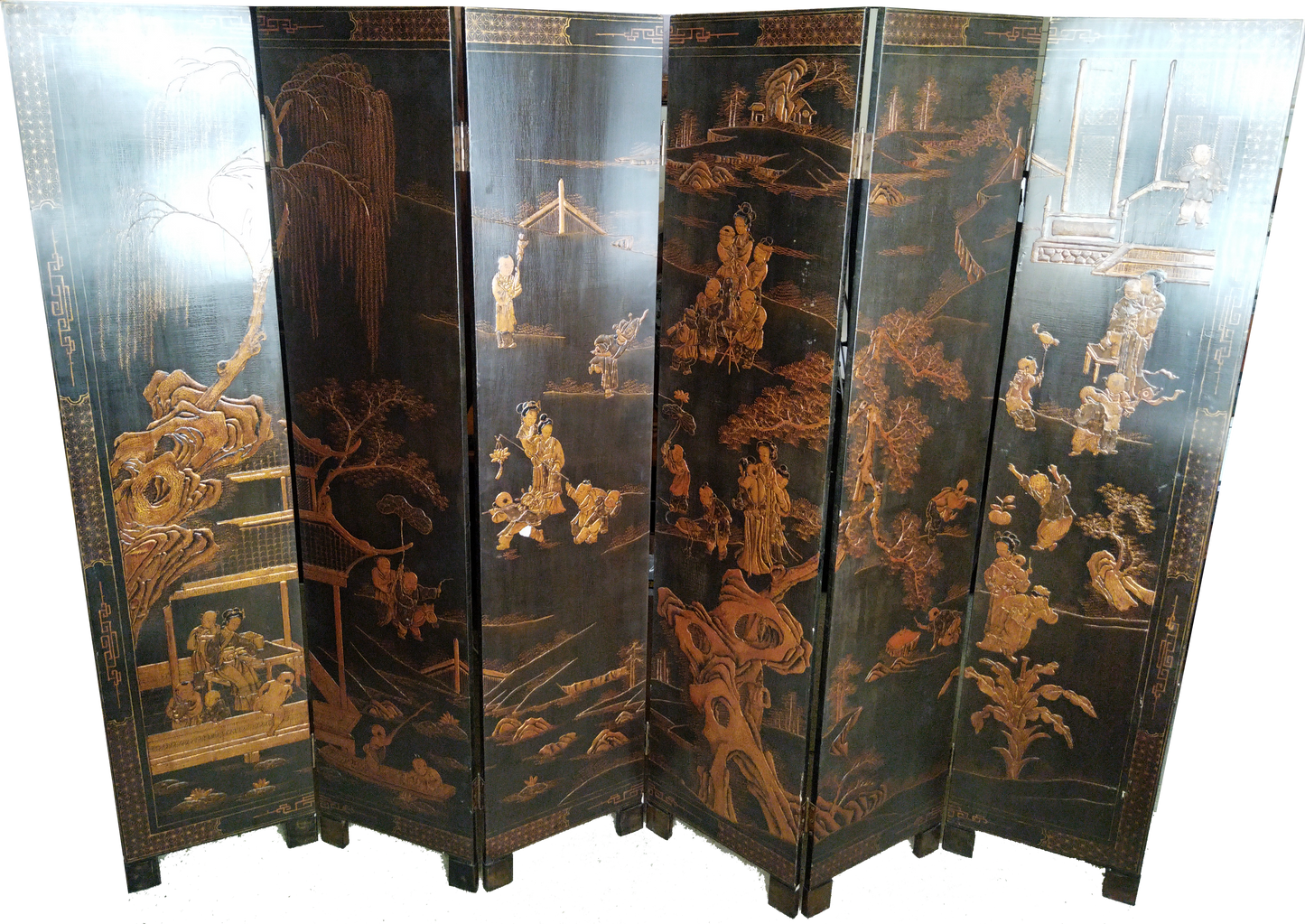 SIX PANEL 19TH CENTURY ANTIQUE CHINESE SCREEN, BLACK LACQUERED WOOD WITH GOLD DETAIL