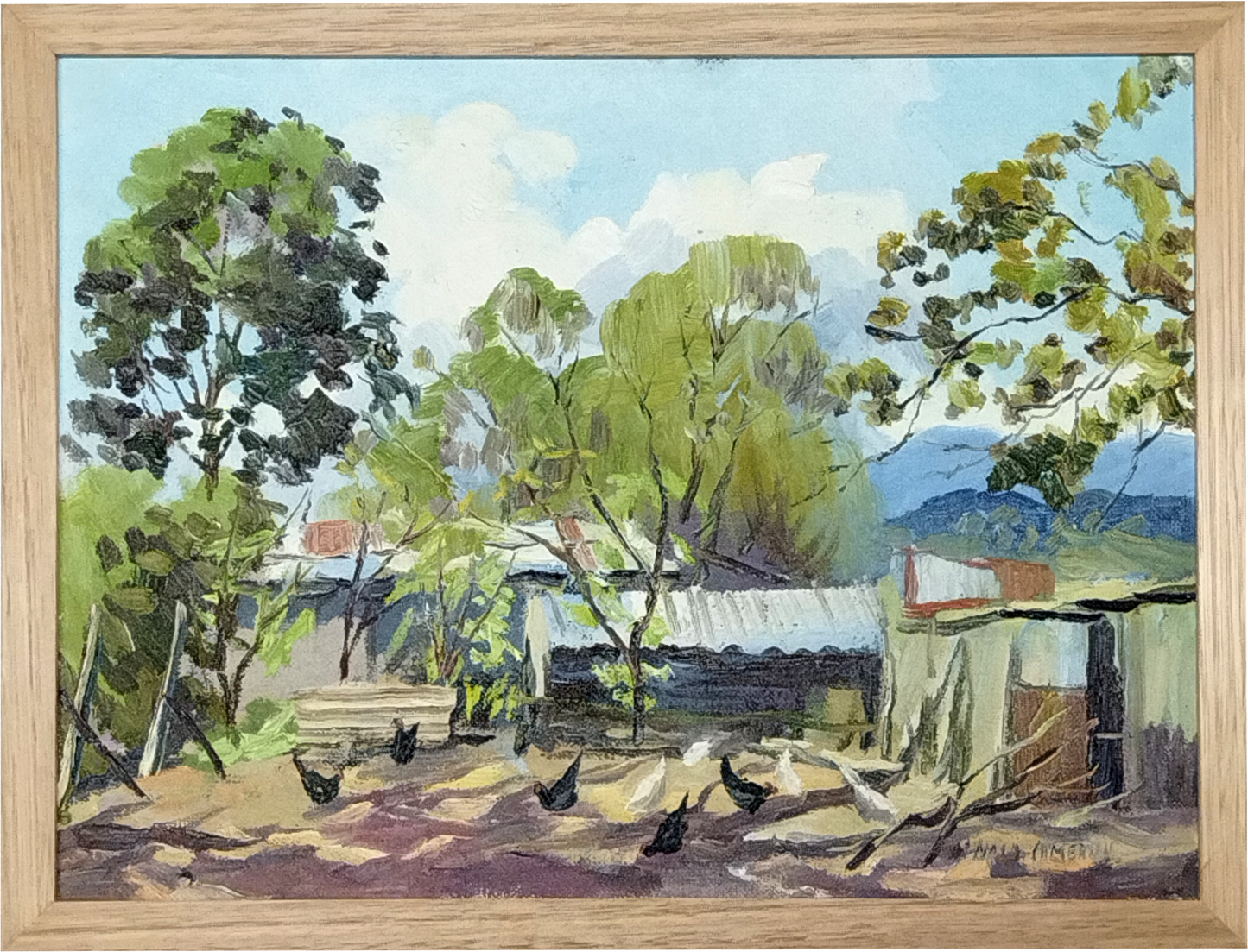 DONALD CAMERON (1927-2018) FARMYARD WITH CHICKENS, SIGNED LOWER RIGHT,IMAGE 30 x 40cm, CUSTOM MADE FRAME 44 x 34cm.