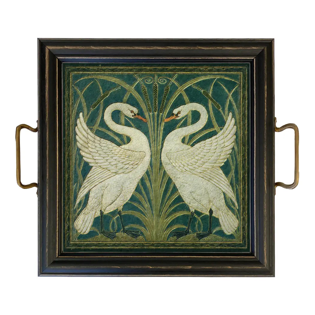 SWAN TRAY WITH WOODEN FRAME AND BRASS HANDLES, 31cm square