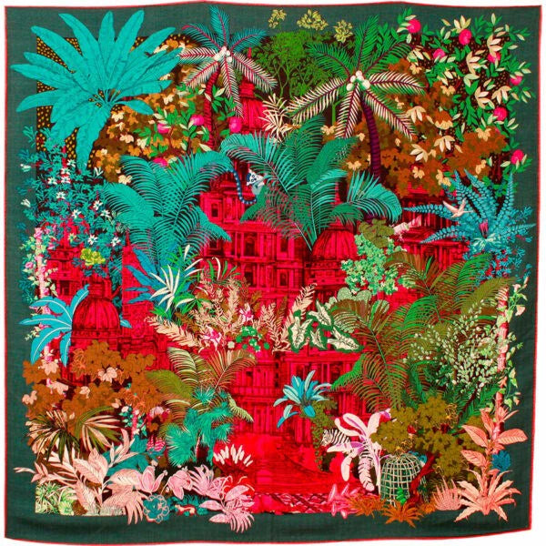 MASION FANLI, FORGOTTEN TEMPLE GREEN, SILK SCARF, 90cm SQUARE.