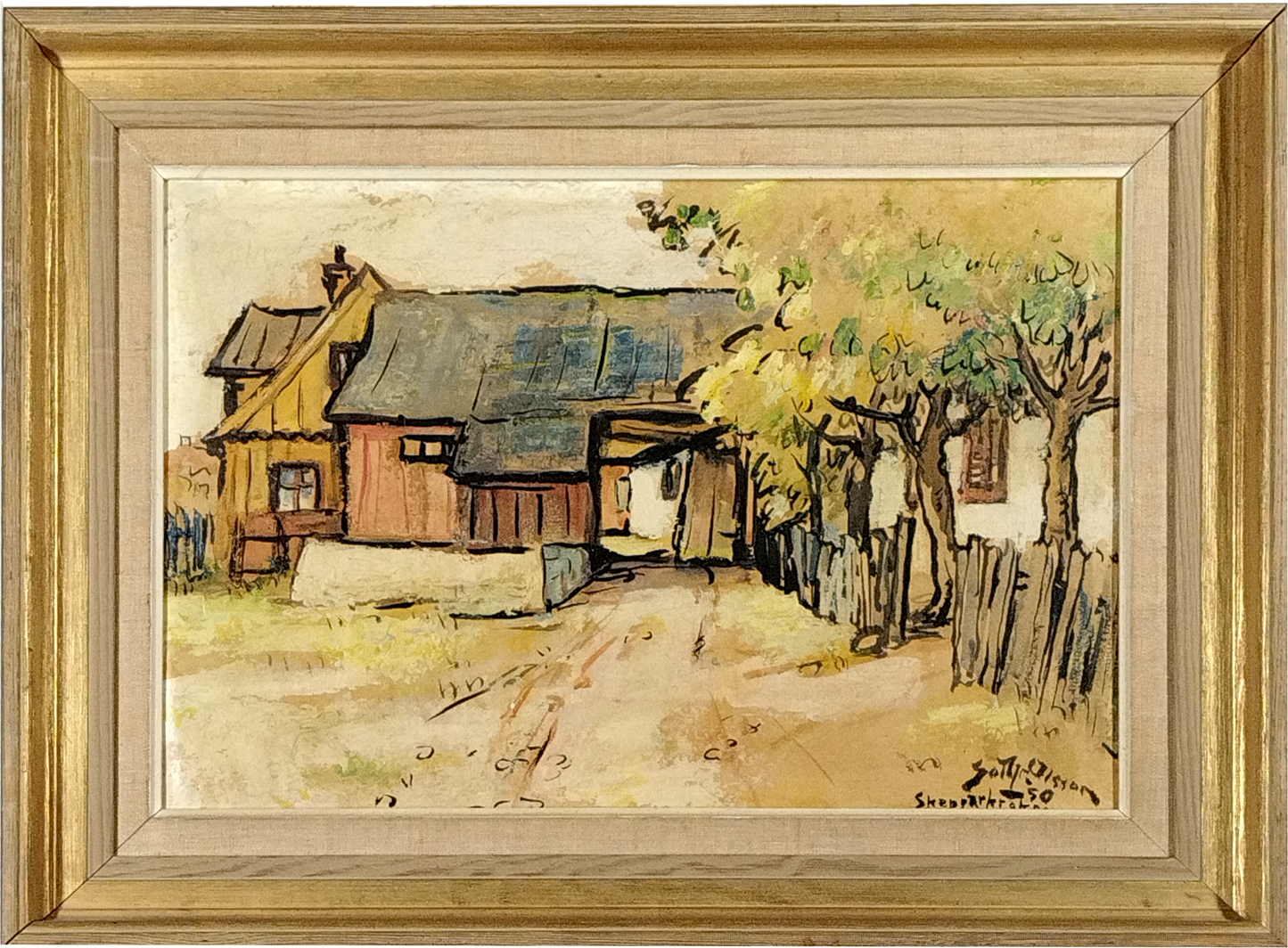 GOTTFRID OLSSON (1890-1979) FARMHOUSE SKEPPARKOKEN, SWEEDEN, OIL ON BOARD, 1950, SIGNED LOWER RIGHT, IMAGE 43 x 29cm, ORIGINAL WOODEN FRAME 55 x 42cm.